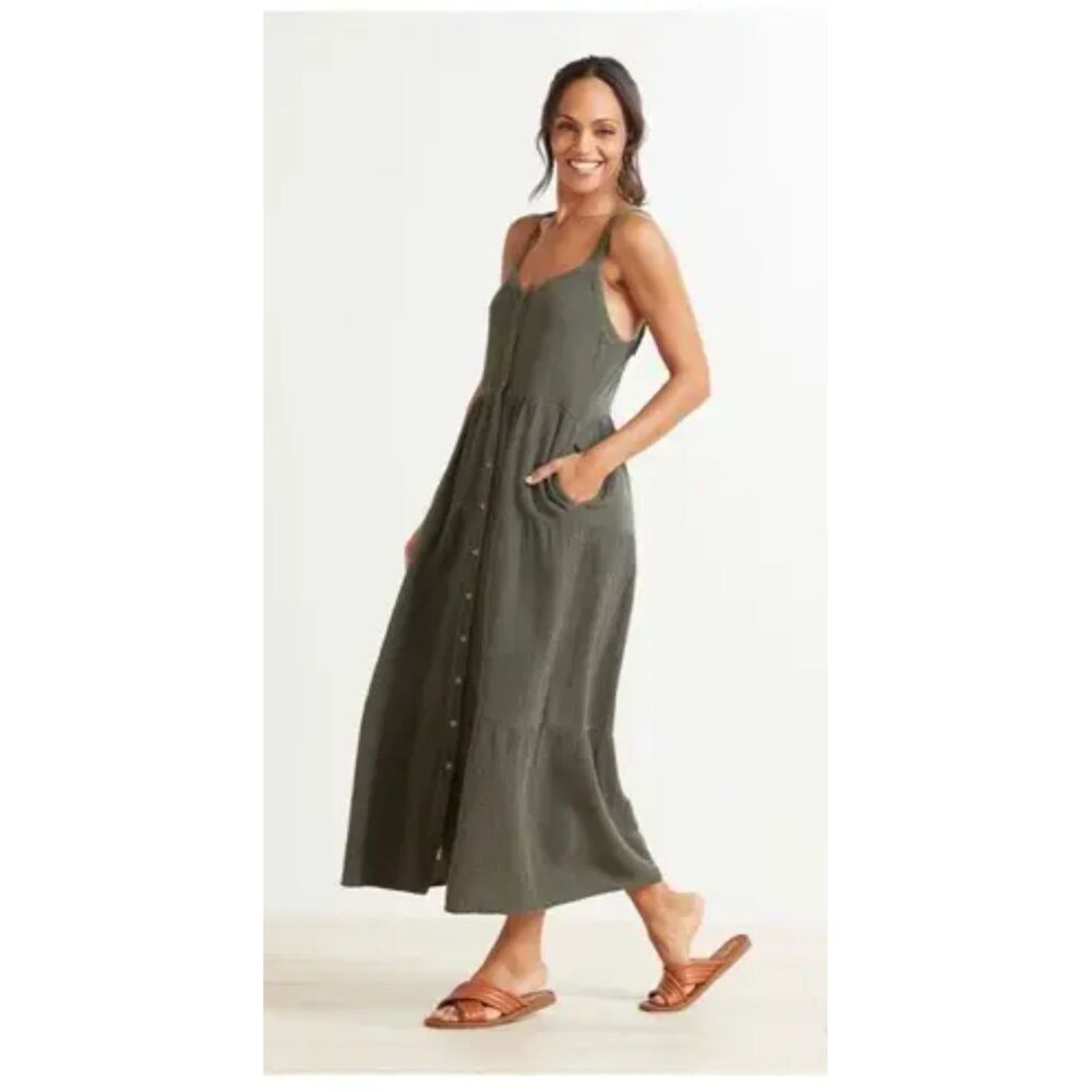 Evereve Olive Green Button-Front Maxi Dress